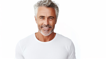 Portrait of smiling mature man standing on white background, ai technology