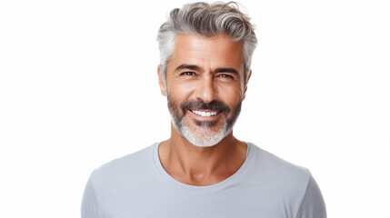 Fototapeta premium Portrait of smiling mature man standing on white background, ai technology