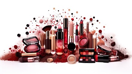 Abstract flat lay background with professional make-up products. Beauty industry accessories. Top view - obrazy, fototapety, plakaty