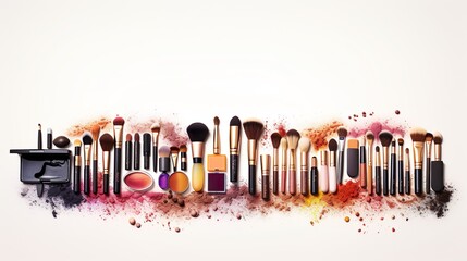 Abstract flat lay background with professional make-up products. Beauty industry accessories. Top view