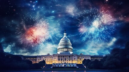 American flag waving for a national holiday with fireworks - obrazy, fototapety, plakaty