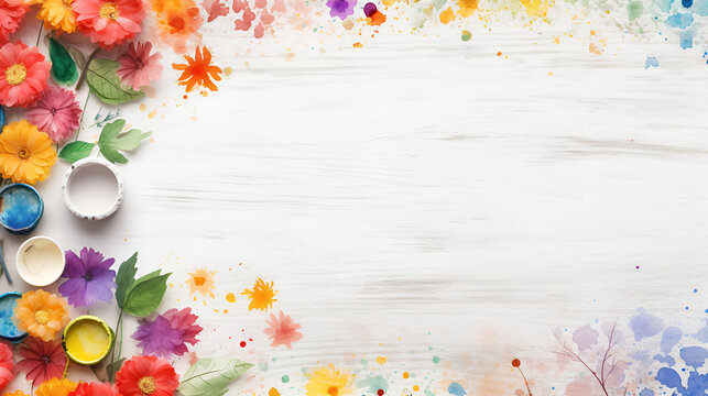 Spring flowers on wood background. Summer blooming border on a wooden table, Different makeup products and flowers on white background, Pumpkin border on white


