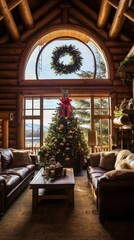 Fototapeta na wymiar Log house decorated for Christmas. Cozy interior