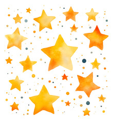 Golden yellow Hand drawn cute watercolor stars pattern isolated on transparent background
