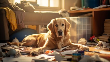 A Laid-back Pooch in a Chaotic Den of Clutter - obrazy, fototapety, plakaty