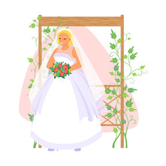 Obraz na płótnie Canvas Beautiful bride at floral arch enjoying wedding ceremony photoset