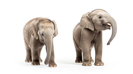 Picture of two African Elephant walking together isolated over white background.