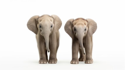 Picture of two African Elephant walking together isolated over white background.