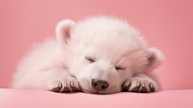 Adorable and fluffy newborn polar bear sleeps isolated over pink background.