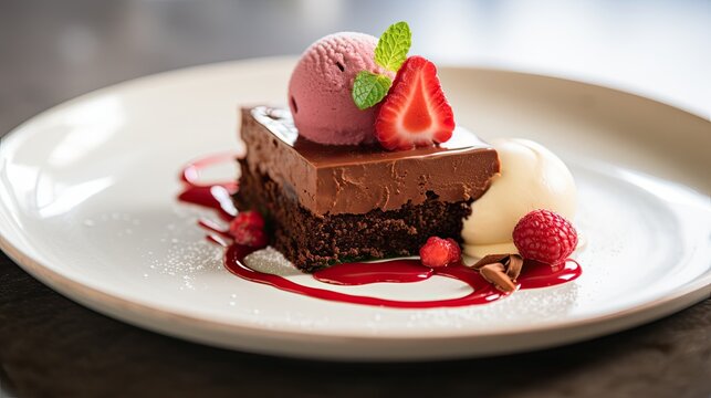 Image of delicious choccolate cake slice with strawberry ice cream on a plate on wooden table.