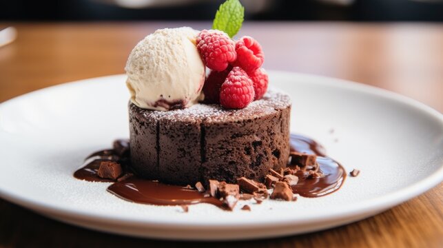 Image of delicious choccolate cake with vanilla ice cream on a plate on wooden table.