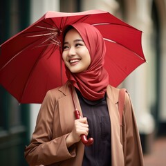 asian women wearing hijab with smiling face wearing red blazer holding umbrella in a sunny day