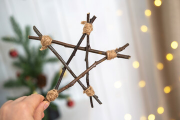 Simple Twig Star. DIY Star Tree Topper. Handmade Christmas Decorations. Easy Idea of Wooden Xmas...
