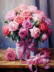 A Painting Of A Bouquet Of Pink Roses - Valentines day background with gift box full of pink