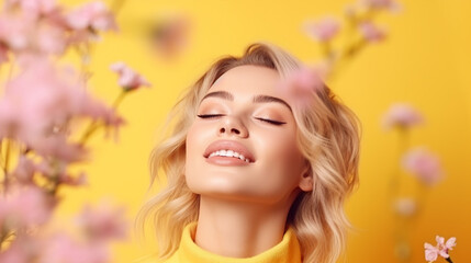 Young pretty blonde woman cute face expression posing in yellow hoodie on pink bright background isolated, emotional, funny, ai technology