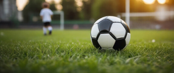 Soccer ball on the academy training field - obrazy, fototapety, plakaty