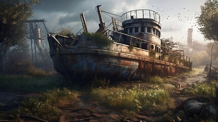 Abandoned shipwreck, wreck of old rusty ship or boat after post-apocalyptic. Generative ai