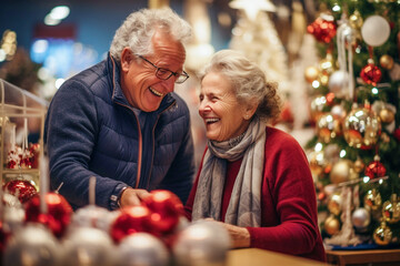 A sweet and happy married couple of pensioners are laughing and having fun choosing and buying gifts for celebrating Christmas