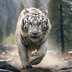 Naklejka premium photo realistic image, cinematic lighting, white Siberian tiger, running through Yosemite Valley, heavy rainstorm