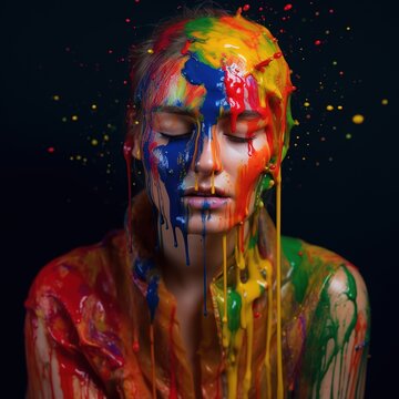 Fashion photography of the woman with the paint splattered on her face. Beautiful Young Woman with Creative Splattered Makeup. A splash of colorful paint. Generative AI