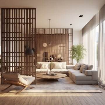 Partition in brutalise style living room with natural lighting 