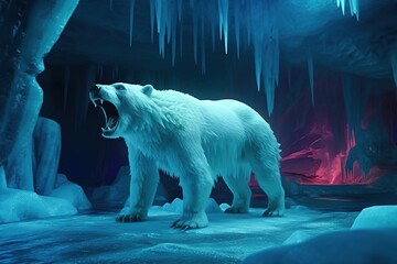 Global warming, concept with lone polar bear standing on small iceberg in the middle of the north ocean at night, Generative AI illustration