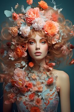 AI ritratto di giovane donna con fiori colorati, acquerello 01