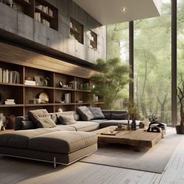 shelf brutalise style living room with natural lighting