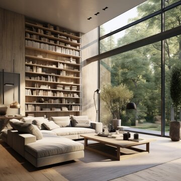 shelf brutalise style living room with natural lighting -
