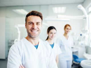 Fototapeta premium Portrait Of Smiling Middle age Dentist male Doctor At Workplace, Handsome man Standing With colleagues In Modern Clinic Interior
