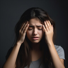 Young woman have headache on grey background, ai technology