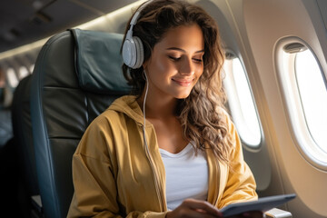 Fototapeta premium Caucasian woman sits in an airplane seat during a flight and looks through the porthole