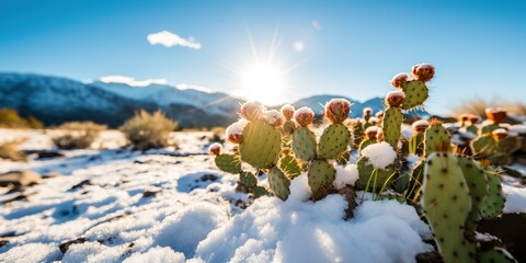 Close-up of cacti unexpectedly covered in snow in the desert , concept of Ephemeral beauty