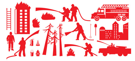Firefighter, fire engine and burning forest, house red silhouette set