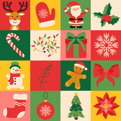 Christmas geometric pattern with Xmas icon elements. Bauhaus style. Vector flat design for poster card, poster, banner, packaging. Merry Christmas and Happy New year background.