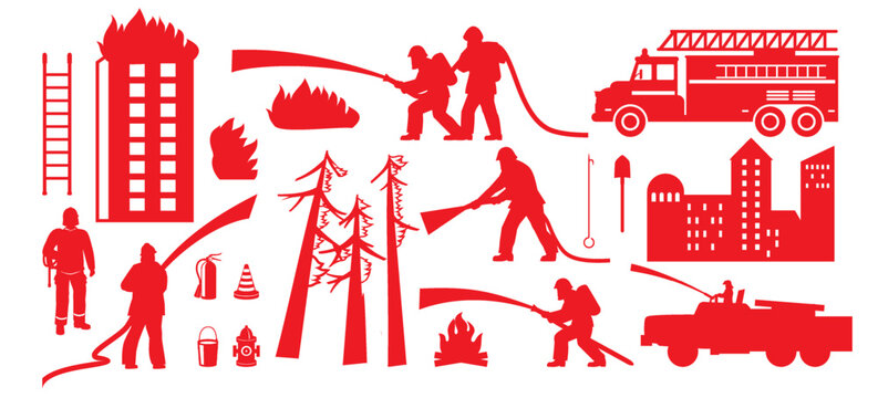 red firefighters fighting fire, silhouettes clip art preview