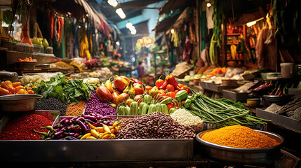 Beautiful Picture Showing a Lively Traditional Market Full of Colorful Fresh Vegetables, Juicy Fruits, and Aromatic Spices, Capturing the Rich Essence of Both Food and Culture - obrazy, fototapety, plakaty