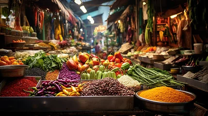 Poster Beautiful Picture Showing a Lively Traditional Market Full of Colorful Fresh Vegetables, Juicy Fruits, and Aromatic Spices, Capturing the Rich Essence of Both Food and Culture © Magenta Dream