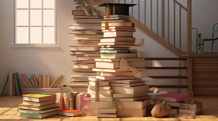 Obraz premium 3d illustration of stacked books, a graduation cap and ladders for education day