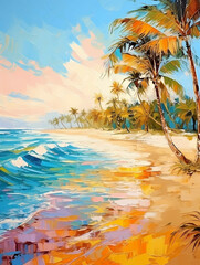 Fototapeta na wymiar A Beach With Palm Trees And Waves - Wide paradise beach panorama background