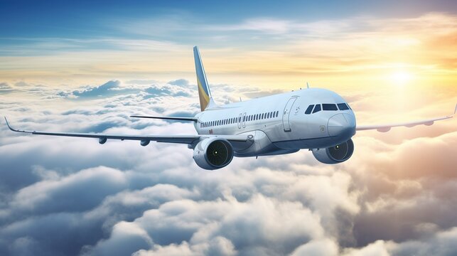 Airplane in the sky. The plane is flying between the clouds. Flat illustration