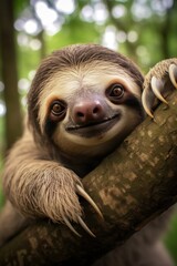 Fototapeta premium A sleepy sloth hanging upside down on a tree branch