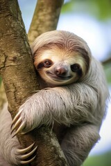 Fototapeta premium A sleepy sloth hanging upside down on a tree branch