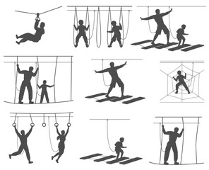People at rope park entertainment balck-and-white silhouette isolated set