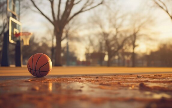Realistic photo of basketball outdoors, with blurred background. generative ai