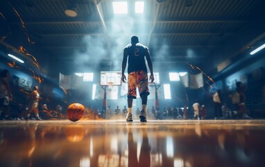 Realistic photo of basketball indoors, with blurred background. generative ai