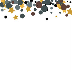 Naklejka na ściany i meble Gold, blue, brown, black confetti with circles and stars. Cosmic shine. Christmas abstract pattern. Beautiful illustration for postcard, banner, web. Background for the image. Vector illustration