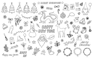 Fototapeta na wymiar Large winter collection for Christmas and New Year. Symbol of 2024 is Dragon. Winter holiday attributes Santa, snowman, gifts, Christmas trees, wreaths. Various hand drawn doodle Christmas elements.