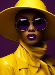 Portrait of afro american beautiful lady with hat, sunglasses and fashionable yellow cloth.