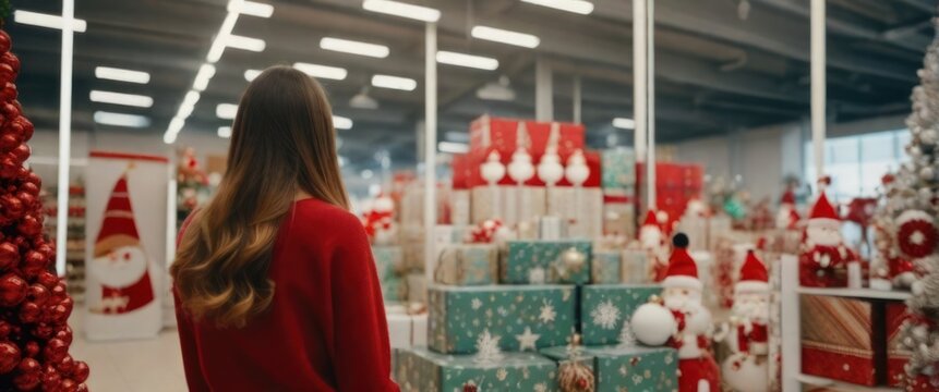 The back of a young woman walking through a shopping mall with a Christmas booth